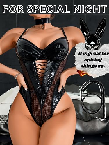 Kaei&Shi Rave Bodysuit Corset For Women,Leather Bodysuits Fishnet Body Suit Suits Plunge Deep V Lingerie Womens,Corsets Sexy Tops Top Bottle Girl,Latex Dominatrice Outfits Bdsm Black Large