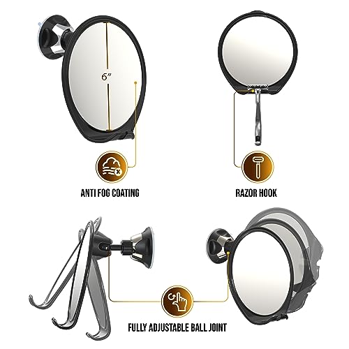 Luxo Shower Mirror, Shaving Mirror with a Razor Holder for Shower and Powerful Suction Cup - Shatterproof Shower Mirror fogless for Shaving, fogless Mirror for Shower (Black)