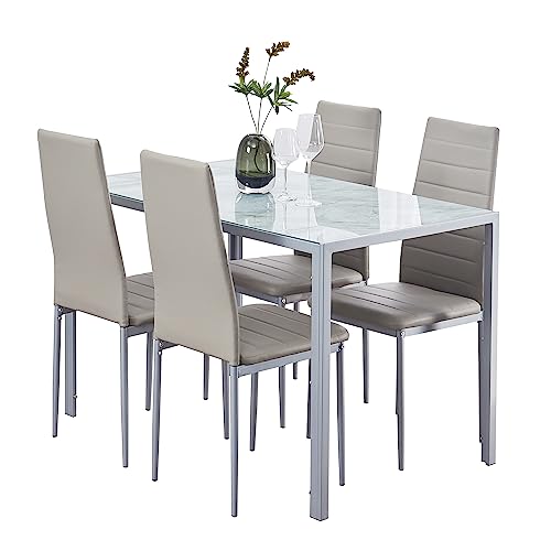 paonne 5-Pieces Glass Dining Table with Chairs, Dining Table Set for 4, Kitchen Table and Chairs, Dining Room Set for 4 for Home Kitchen/Dinette/Restaurant