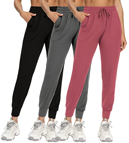 FULLSOFT 3 Pack Sweatpants for Women-Womens Joggers with Pockets Athletic Leggings for Workout Yoga Running(Black,Dark Grey,Pink,Large)