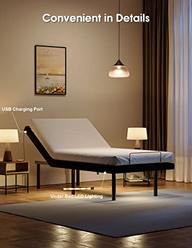 Koorlian Adjustable Bed Frame Twin, Small Adjustable Bed Base with Remote, Head and Foot Incline, USB Charging, Underbed Lighting, Electric Adjustable Beds with 12 inch Legs