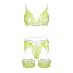 floral lace lingerie cute for women v-neck see through naughty underwear garter leg ring strappy sexy bralette and panty set kinky chemise look bondage corset for roleplay nightdress green