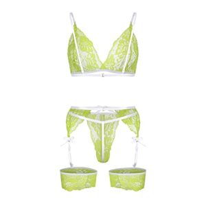 Floral Lace Lingerie Cute for Women V-Neck See Through Naughty Underwear Garter Leg Ring Strappy Sexy Bralette and Panty Set Kinky Chemise Look Bondage Corset for Roleplay Nightdress Green