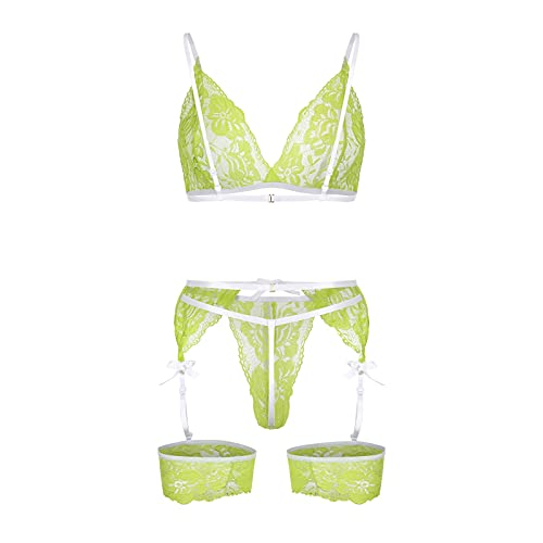 Floral Lace Lingerie Cute for Women V-Neck See Through Naughty Underwear Garter Leg Ring Strappy Sexy Bralette and Panty Set Kinky Chemise Look Bondage Corset for Roleplay Nightdress Green