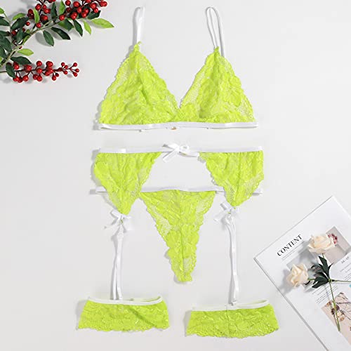 Floral Lace Lingerie Cute for Women V-Neck See Through Naughty Underwear Garter Leg Ring Strappy Sexy Bralette and Panty Set Kinky Chemise Look Bondage Corset for Roleplay Nightdress Green