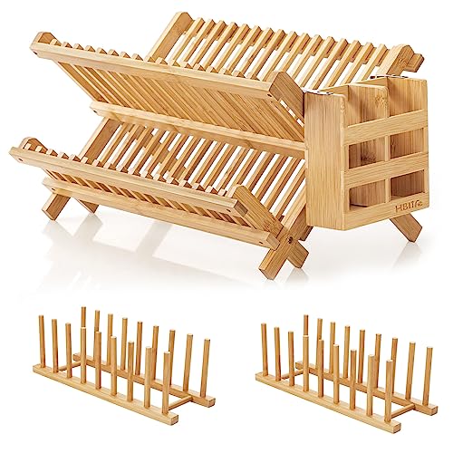 HBlife Bamboo Folding 2-Tier Collapsible Drainer Dish Drying Rack with Utensils Flatware Holder and 2pcs Dish Plate Bowl Cup Book Pot Lid Cutting Board Drying Rack Stand