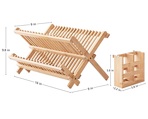 HBlife Bamboo Folding 2-Tier Collapsible Drainer Dish Drying Rack with Utensils Flatware Holder and 2pcs Dish Plate Bowl Cup Book Pot Lid Cutting Board Drying Rack Stand