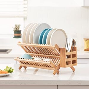 HBlife Bamboo Folding 2-Tier Collapsible Drainer Dish Drying Rack with Utensils Flatware Holder and 2pcs Dish Plate Bowl Cup Book Pot Lid Cutting Board Drying Rack Stand