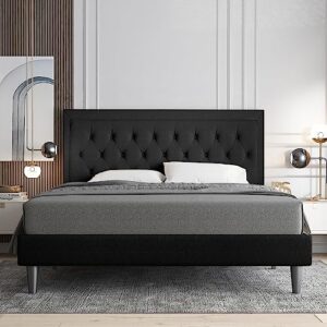 Allewie Queen Size Bed Frame Upholstered Platform Bed with Adjustable Headboard, Button Tufted, Wood Slat Support, Easy Assembly, Black