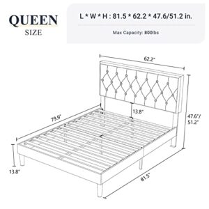 Allewie Queen Size Bed Frame Upholstered Platform Bed with Adjustable Headboard, Button Tufted, Wood Slat Support, Easy Assembly, Black