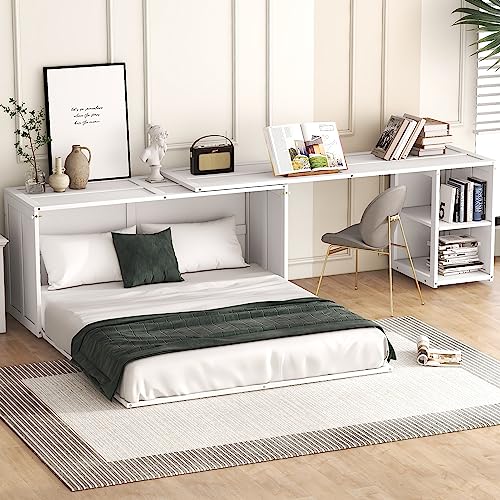 BIADNBZ Queen Size Murphy Bed with Rotable Desk and Shelves, Wooden Versatile PlatformBed for Bedroom Guest Room, Space Saving Design, White