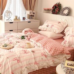 JamChe Lovely Pastoral Style Ink Paint Embroidered Flower Ruffle Lace Bedding 100% Cotton Quilt Cover Sheet Four Piece Set,L,14,Queen 180cm Bed 4pcs