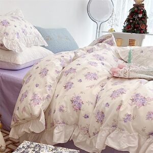 jamche lovely pastoral style ink paint embroidered flower ruffle lace bedding 100% cotton quilt cover sheet four piece set,l,14,queen 180cm bed 4pcs