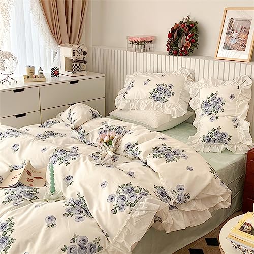 JamChe Lovely Pastoral Style Ink Paint Embroidered Flower Ruffle Lace Bedding 100% Cotton Quilt Cover Sheet Four Piece Set,L,14,Queen 180cm Bed 4pcs