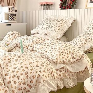 JamChe Lovely Pastoral Style Ink Paint Embroidered Flower Ruffle Lace Bedding 100% Cotton Quilt Cover Sheet Four Piece Set,L,14,Queen 180cm Bed 4pcs