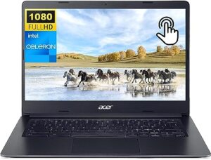 acer 2023 newest chromebook 314 laptop, 14" fhd ips touchscreen, intel celeron dual-core processor, 4gb ram, 64gb emmc, uhd graphics, 12.5h use, wi-fi, chrome os, charcoal black, bundle with jawfoal