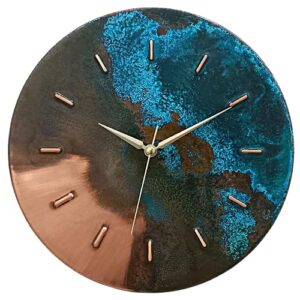 copper empire 12 inch turquoise blue green patina real copper non-ticking silent battery operated modern wall clock for living room wall decor, kitchen, bedroom, office (gold colored hands)