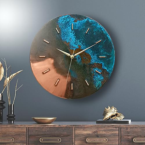 COPPER EMPIRE 12 Inch Turquoise Blue Green Patina Real Copper Non-Ticking Silent Battery Operated Modern Wall Clock for Living Room Wall Decor, Kitchen, Bedroom, Office (Gold Colored Hands)