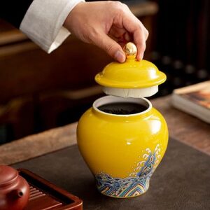 GANAZONO Walkway Stones for Pathway Ceramic Tea Canister Food Storage Jar with Lid 900ML Spices Coffee Bean Tea Food Canister for Loose Tea Coffee Sugar Spices Nuts Yellow Ceramic Canister