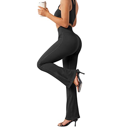 MOSHENGQI Women Ribbed Flare Leggings Seamless High Waist Bootcut Yoga Pants(M,007-Black)