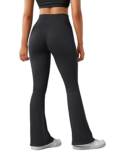 MOSHENGQI Women Ribbed Flare Leggings Seamless High Waist Bootcut Yoga Pants(M,007-Black)