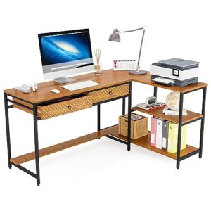 Tribesigns L Shaped Desk with 2 Drawers, 59” Reversible Computer Desk with Storage Shelves, Industrial Home Office Corner Desk Study Writing Table, Walnut