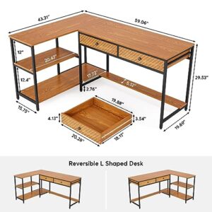 Tribesigns L Shaped Desk with 2 Drawers, 59” Reversible Computer Desk with Storage Shelves, Industrial Home Office Corner Desk Study Writing Table, Walnut