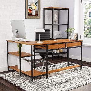 Tribesigns L Shaped Desk with 2 Drawers, 59” Reversible Computer Desk with Storage Shelves, Industrial Home Office Corner Desk Study Writing Table, Walnut