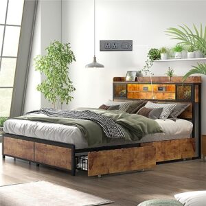 gyfimoie queen bed frame with 4 storage drawers, led bed frame with outlets and usb ports, metal platform bed frame queen size with 3-tier storage headboard, no box spring needed (queen)