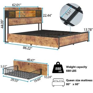 Gyfimoie Queen Bed Frame with 4 Storage Drawers, LED Bed Frame with Outlets and USB Ports, Metal Platform Bed Frame Queen Size with 3-Tier Storage Headboard, No Box Spring Needed (Queen)