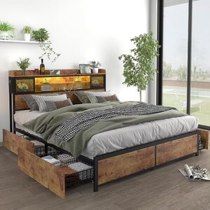 Gyfimoie Queen Bed Frame with 4 Storage Drawers, LED Bed Frame with Outlets and USB Ports, Metal Platform Bed Frame Queen Size with 3-Tier Storage Headboard, No Box Spring Needed (Queen)