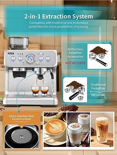 Gevi 20Bar Semi Automatic Espresso Machine With Grinder & Steam Wand – All in One Espresso Maker & Latte Machine for Home Dual Heating System