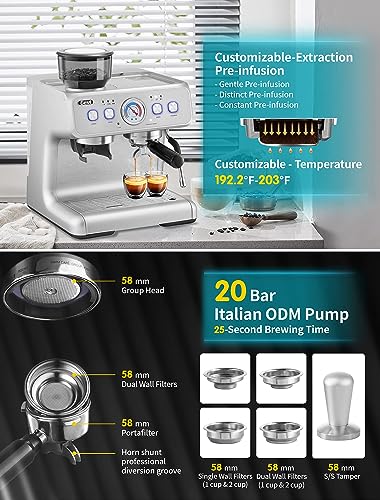 Gevi 20Bar Semi Automatic Espresso Machine With Grinder & Steam Wand – All in One Espresso Maker & Latte Machine for Home Dual Heating System