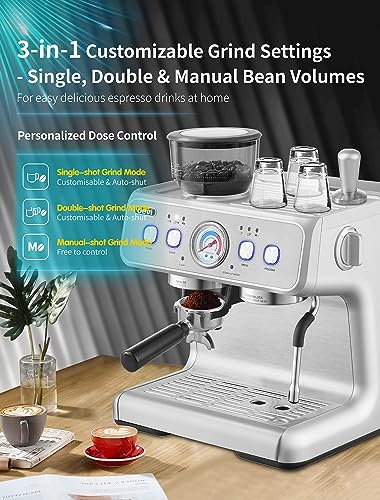 Gevi 20Bar Semi Automatic Espresso Machine With Grinder & Steam Wand – All in One Espresso Maker & Latte Machine for Home Dual Heating System