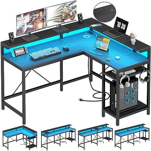 Loomie L Shaped Computer Desk, 83" Gaming Desk with LED Light & Power Outlets, Corner Desk with Full Monitor Stand & Adjustable Storage Shelves, Home Office Desk with 2 Hooks, 2 Person Desk, Black