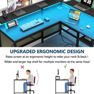 Loomie L Shaped Computer Desk, 83" Gaming Desk with LED Light & Power Outlets, Corner Desk with Full Monitor Stand & Adjustable Storage Shelves, Home Office Desk with 2 Hooks, 2 Person Desk, Black