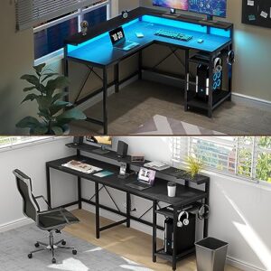 Loomie L Shaped Computer Desk, 83" Gaming Desk with LED Light & Power Outlets, Corner Desk with Full Monitor Stand & Adjustable Storage Shelves, Home Office Desk with 2 Hooks, 2 Person Desk, Black