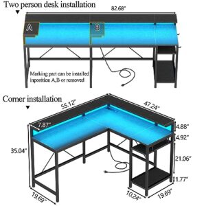 Loomie L Shaped Computer Desk, 83" Gaming Desk with LED Light & Power Outlets, Corner Desk with Full Monitor Stand & Adjustable Storage Shelves, Home Office Desk with 2 Hooks, 2 Person Desk, Black