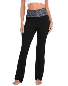 hde women's color block fold over waist yoga pants flare leg workout leggings black leopard/black - s