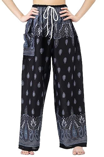 B BANGKOK PANTS Harem Pants Women Hippie Clothes Boho Print Drawstring (as1, Alpha, one_Size, Regular, Regular, Bohemian Black, Relaxed)