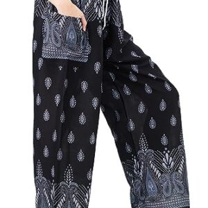 B BANGKOK PANTS Harem Pants Women Hippie Clothes Boho Print Drawstring (as1, Alpha, one_Size, Regular, Regular, Bohemian Black, Relaxed)