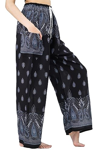 B BANGKOK PANTS Harem Pants Women Hippie Clothes Boho Print Drawstring (as1, Alpha, one_Size, Regular, Regular, Bohemian Black, Relaxed)