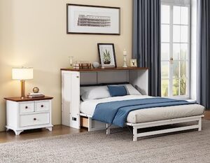 jivoit wooden 2 pieces bedroom set, full size murphy bed with two-drawer nightstand, murphy bed chest with charging station and large storage drawer for home office or small room