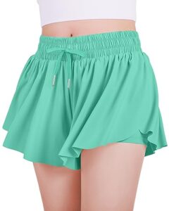 jocmic girls flowy shorts, 2 in 1 youth butterfly shorts with spandex liner for fitness running athletic tennis 8 years deep green