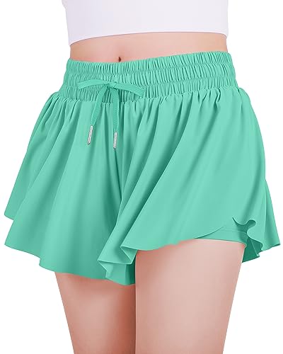 JOCMIC Girls Flowy Shorts, 2 in 1 Youth Butterfly Shorts with Spandex Liner for Fitness Running Athletic Tennis 8 Years Deep Green