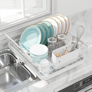sakugi dish drying rack - compact dish rack for kitchen counter with a cutlery holder, durable stainless steel kitchen dish rack for various tableware, dish drying rack with easy installation, white