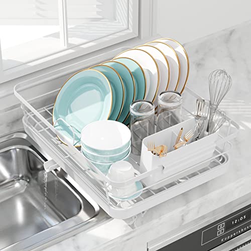 Sakugi Dish Drying Rack - Compact Dish Rack for Kitchen Counter with a Cutlery Holder, Durable Stainless Steel Kitchen Dish Rack for Various Tableware, Dish Drying Rack with Easy Installation, White