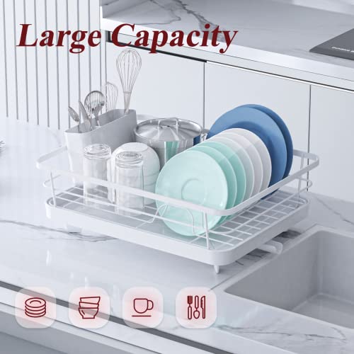 Sakugi Dish Drying Rack - Compact Dish Rack for Kitchen Counter with a Cutlery Holder, Durable Stainless Steel Kitchen Dish Rack for Various Tableware, Dish Drying Rack with Easy Installation, White