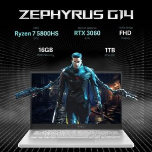 ASUS 2022 ROG Zephyrus G14 14" FHD 144Hz Gaming Laptop, AMD Ryzen 7-5800HS, NVIDIA GeForce RTX 3060 6G Graphics, 16GB RAM, 1TB PCIe SSD, Backlit Keyboard, Win 11 Pro, White, 32GB USB Card