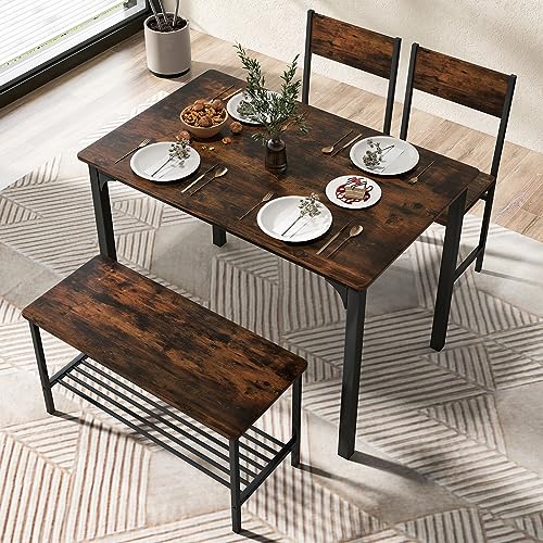 Tangkula 4-Piece Dining Table Set, Kitchen Table with Bench and Chairs, Metal Frame, Space-Saving Furniture, Modern 4-Person Dinette for Kitchen, Dining Room